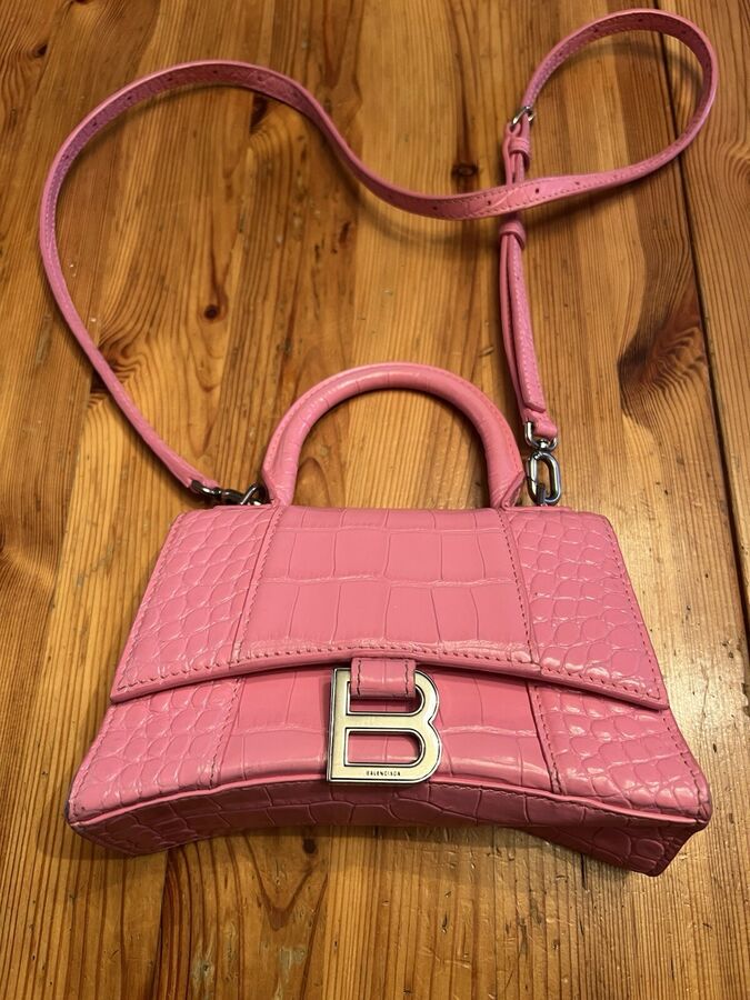 Authentic Balenciaga Hourglass Pre-owned Pink Croc Small Leather Bag