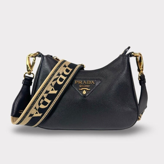 Authentic Prada Logo Strap Grained Calfskin Crossbody Bag