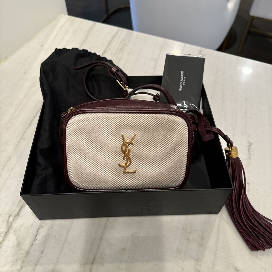 Authentic YSL Calfskin Canvas Monogram Lou Belt Bag Natural Dark Legion Red