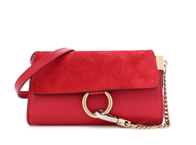 Authentic Chloé Suede Leather Mini Faye Crossbody Bag Tulip Red