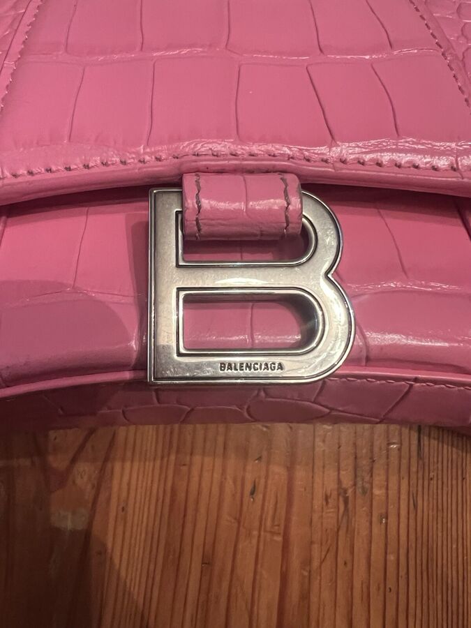 Authentic Balenciaga Hourglass Pre-owned Pink Croc Small Leather Bag