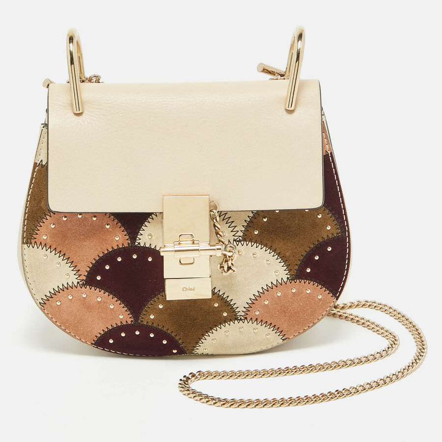 Authentic Chloe Multicolor Leather and Suede Studded Patchwork Small Drew Bag